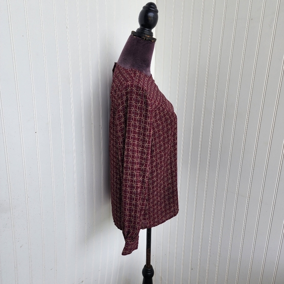 Loft Ann Taylor Burgundy Long Sleeve Red Patterned Keyhole Long Sleeve Blouse S - Picture 4 of 12